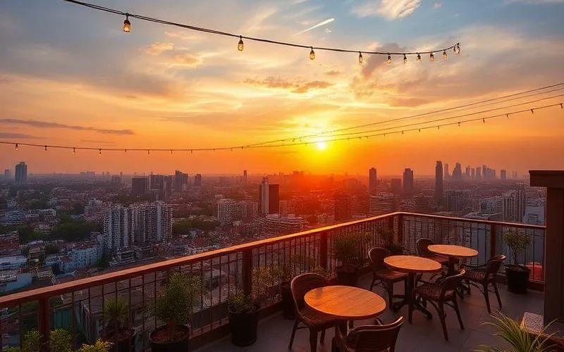 Không gian làm việc đêm với bàn ghế chuẩn và đèn bàn dịu nhẹ tại Thức Coffee
